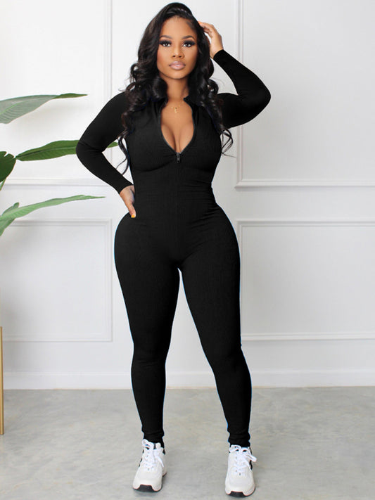 New Pin-Striped Zipper Sports Jumpsuit