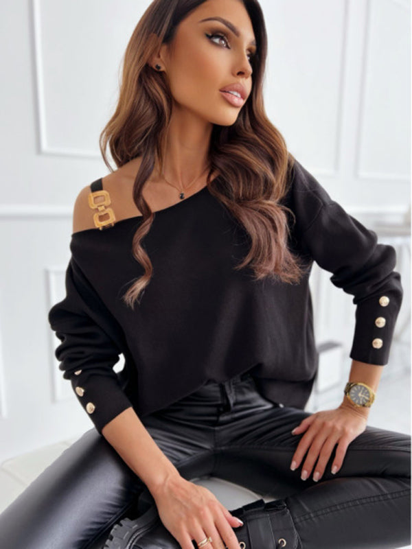 New Fashion Sexy Chain Button Decoration Long Sleeve Top Women - ALL HERZ FASHIONS