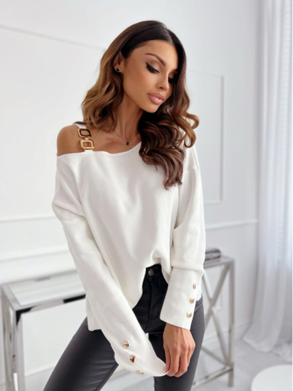 New Fashion Sexy Chain Button Decoration Long Sleeve Top Women - ALL HERZ FASHIONS
