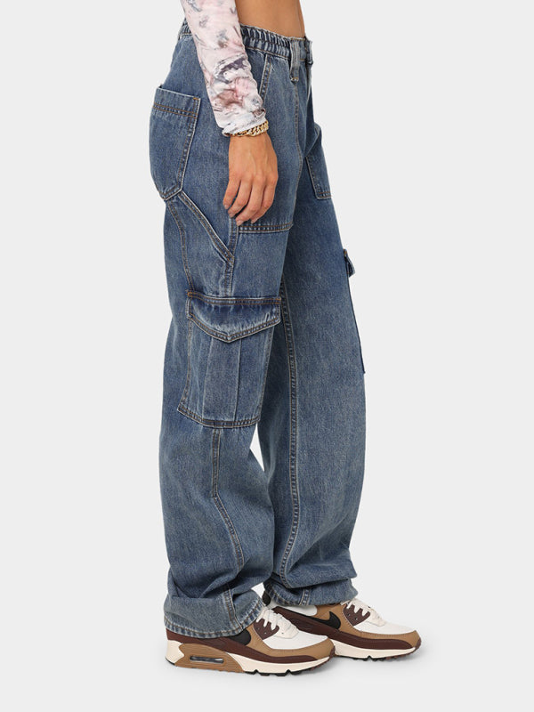 Women's Solid Multi-Pocket Cargo Jeans - ALL HERZ FASHIONS