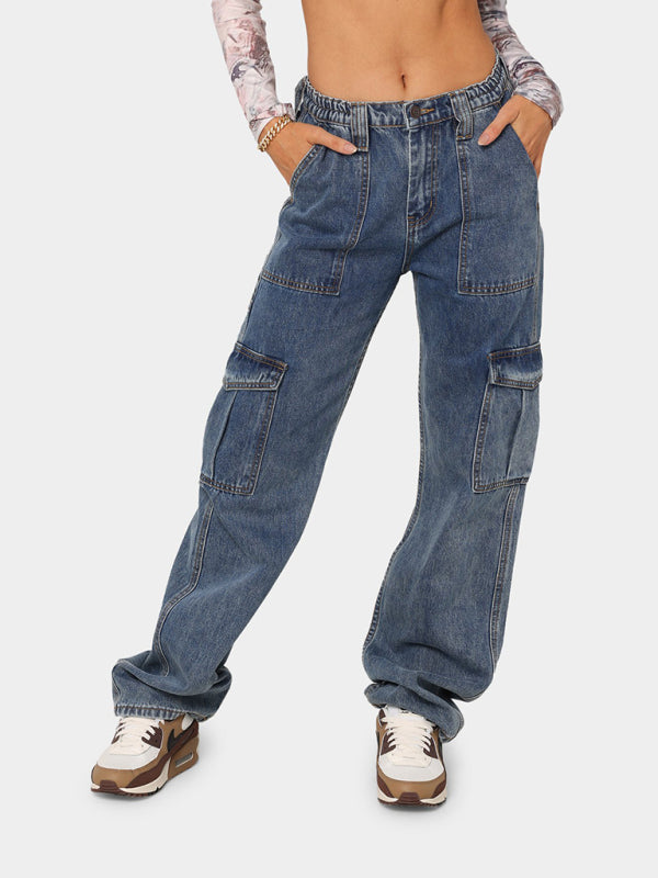 Women's Solid Multi-Pocket Cargo Jeans - ALL HERZ FASHIONS