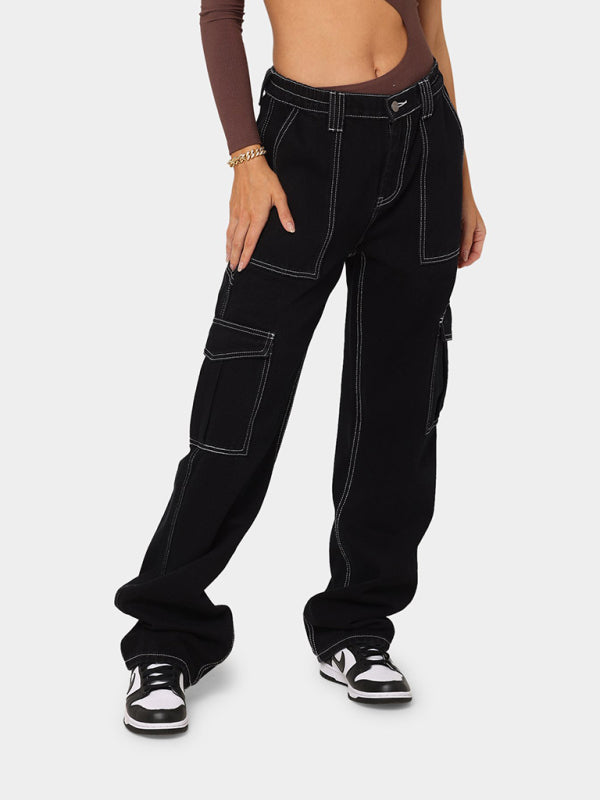 Women's Solid Multi-Pocket Cargo Jeans - ALL HERZ FASHIONS