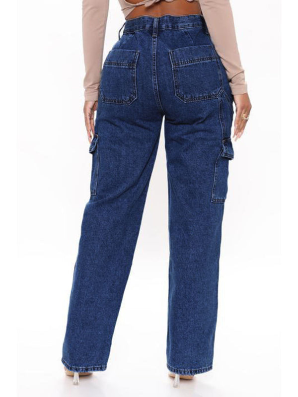 Women's Solid Multi-Pocket Cargo Jeans - ALL HERZ FASHIONS