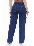 Women's Solid Multi-Pocket Cargo Jeans - ALL HERZ FASHIONS
