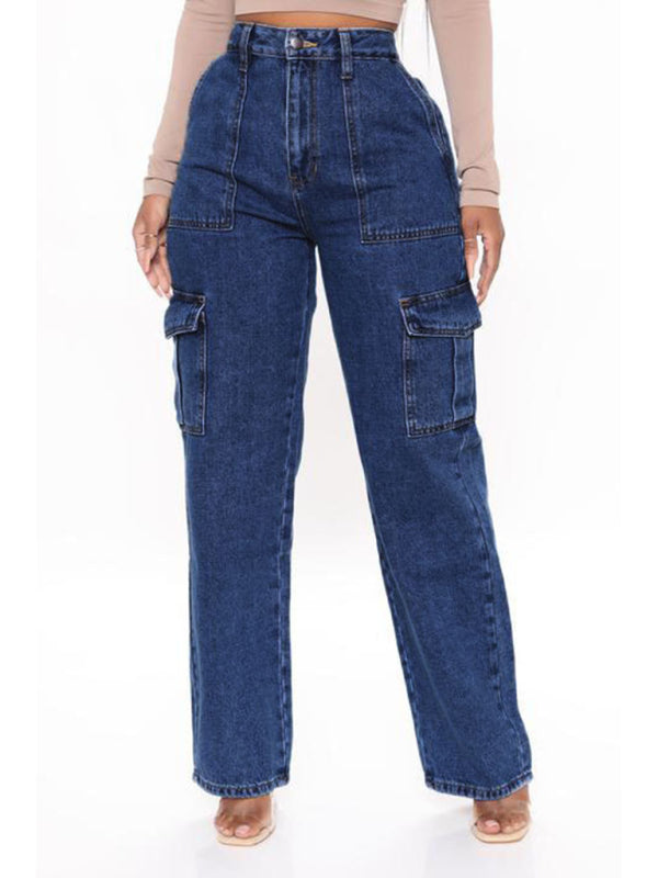 Women's Solid Multi-Pocket Cargo Jeans - ALL HERZ FASHIONS