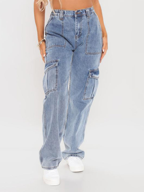 Women's Solid Multi-Pocket Cargo Jeans - ALL HERZ FASHIONS