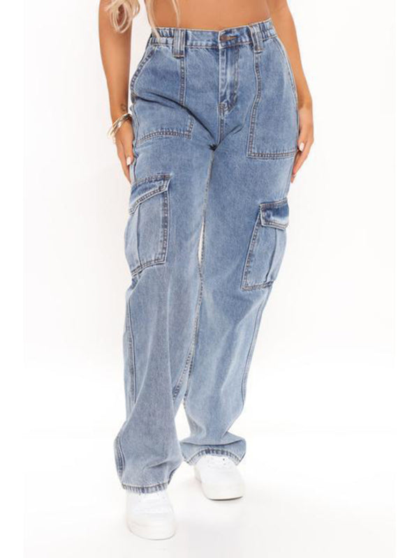 Women's Solid Multi-Pocket Cargo Jeans - ALL HERZ FASHIONS