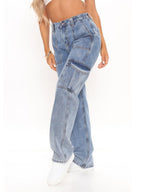 Women's Solid Multi-Pocket Cargo Jeans - ALL HERZ FASHIONS