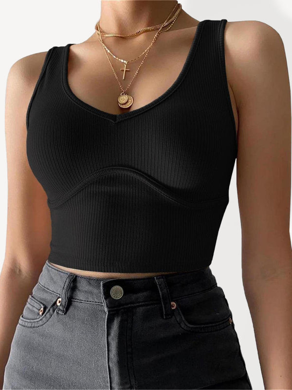 Women's V-Neck Stitching Stretch Solid Color Knit Tank Top - ALL HERZ FASHIONS