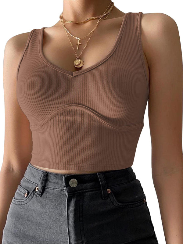 Women's V-Neck Stitching Stretch Solid Color Knit Tank Top - ALL HERZ FASHIONS