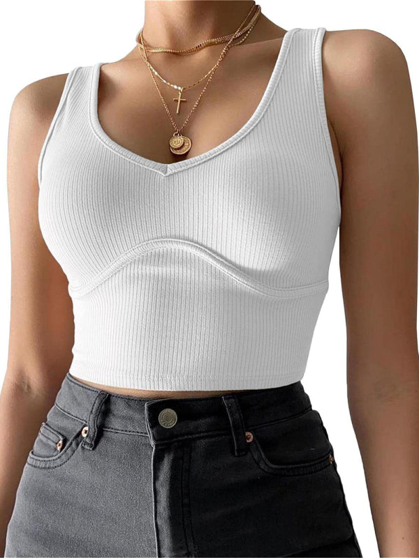 Women's V-Neck Stitching Stretch Solid Color Knit Tank Top - ALL HERZ FASHIONS