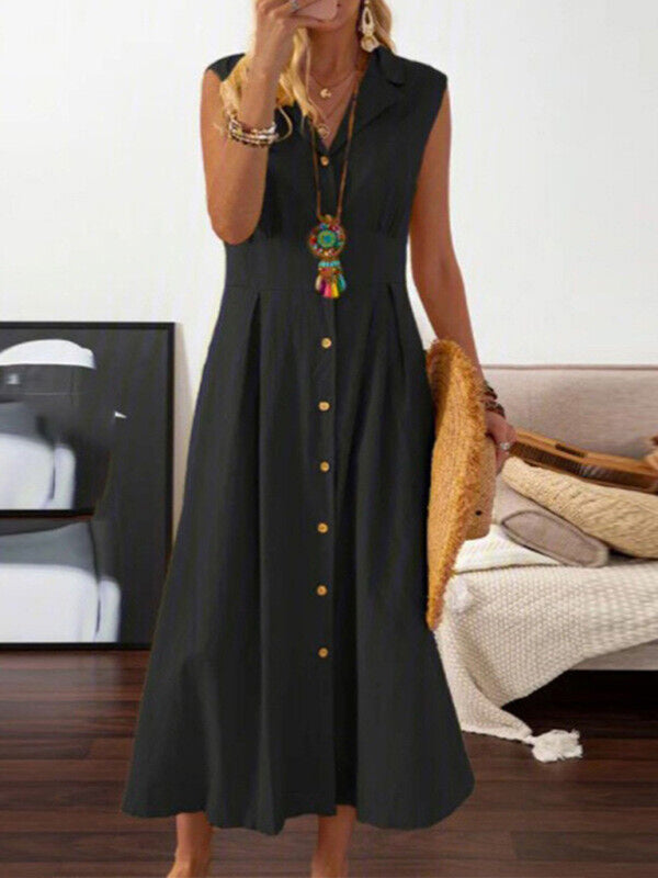 Casual Lapel Collar Linen Midi Dress - ALL HERZ FASHIONS