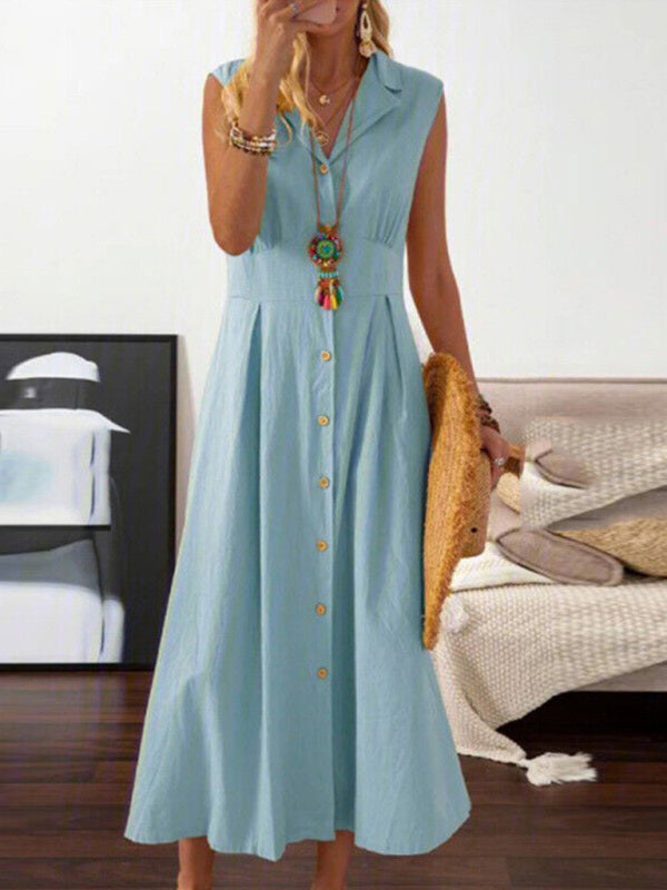 Casual Lapel Collar Linen Midi Dress - ALL HERZ FASHIONS