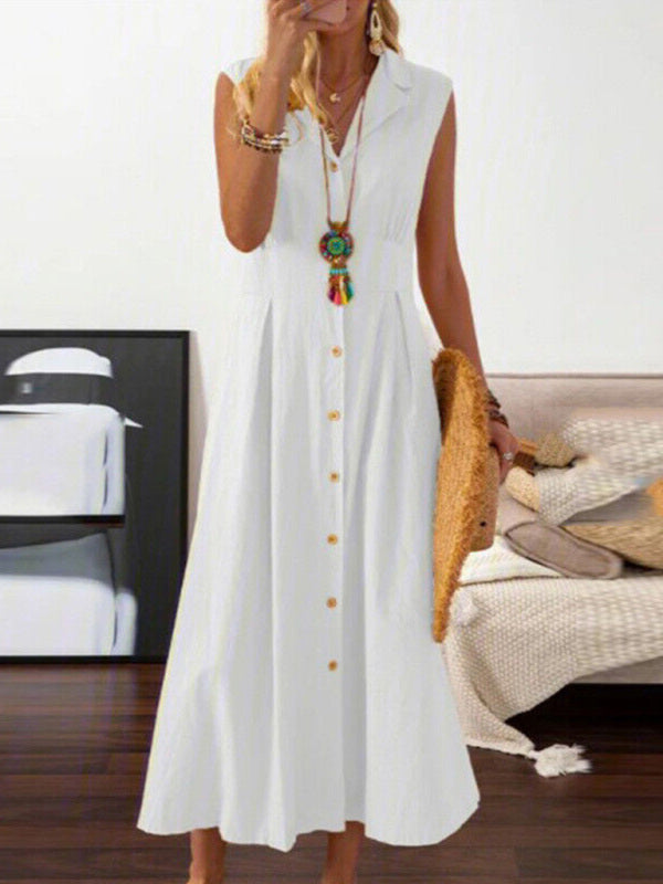 Casual Lapel Collar Linen Midi Dress - ALL HERZ FASHIONS