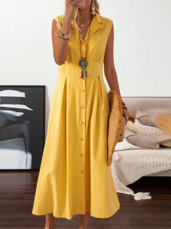 Casual Lapel Collar Linen Midi Dress - ALL HERZ FASHIONS