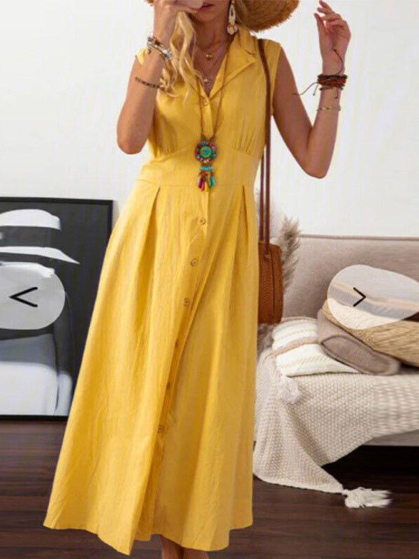 Casual Lapel Collar Linen Midi Dress - ALL HERZ FASHIONS