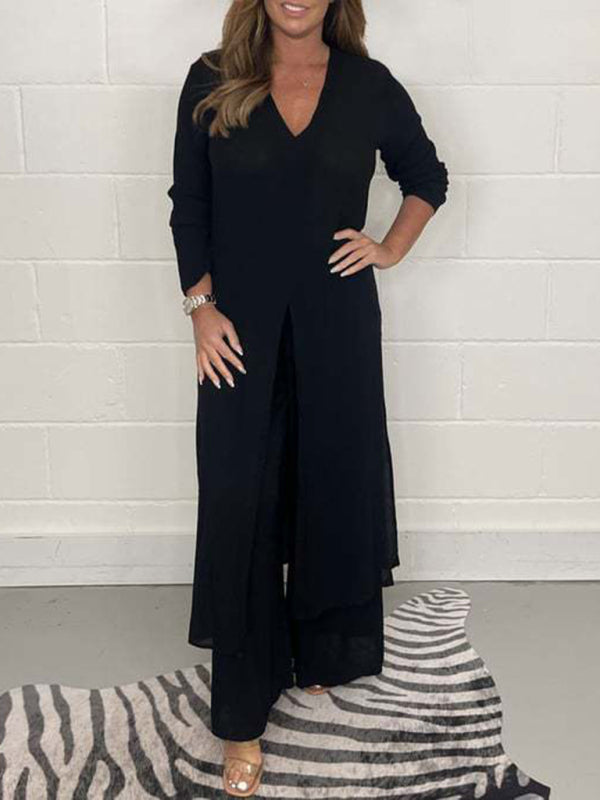 Long Slit Blouse & Pants Loungewear Set - ALL HERZ FASHIONS