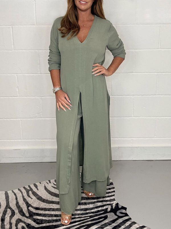 Long Slit Blouse & Pants Loungewear Set - ALL HERZ FASHIONS