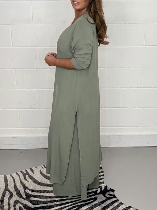 Long Slit Blouse & Pants Loungewear Set - ALL HERZ FASHIONS