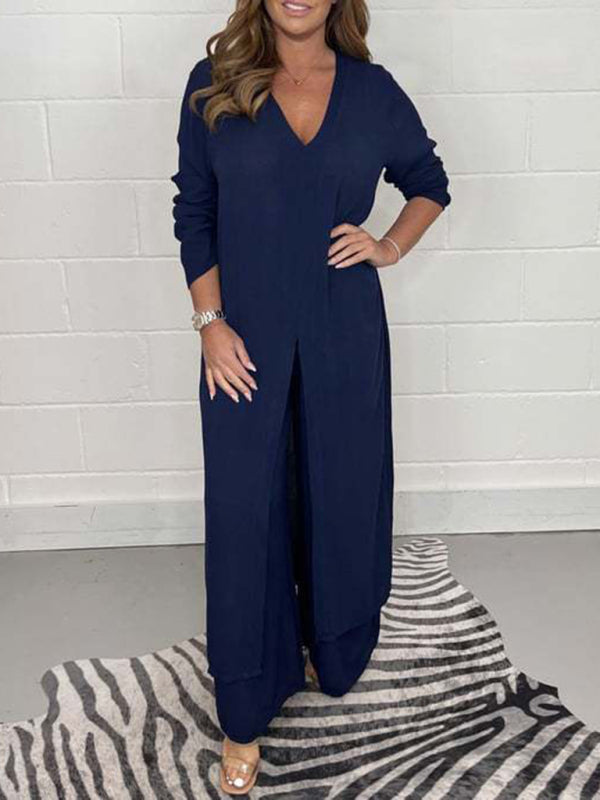 Long Slit Blouse & Pants Loungewear Set - ALL HERZ FASHIONS