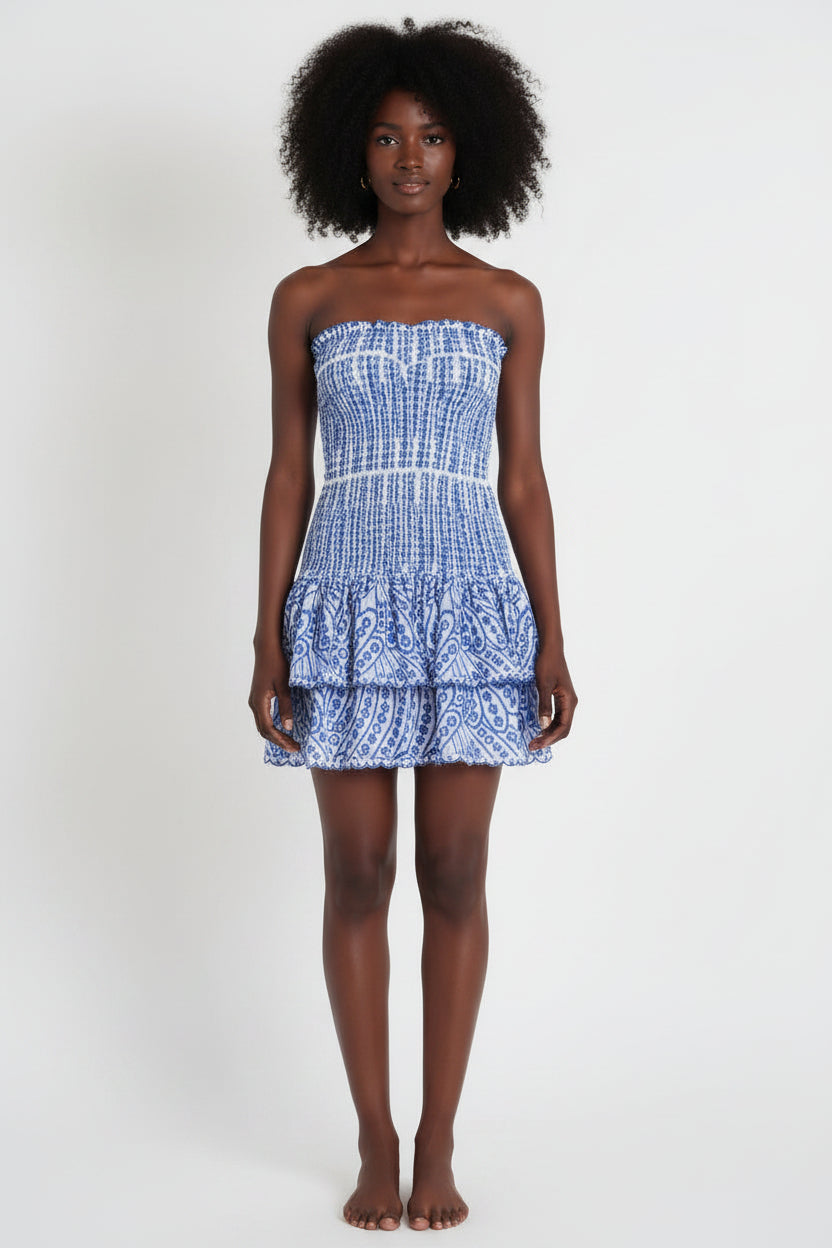 Strapless Slim Ruffle Hem Embroidered Short Dress