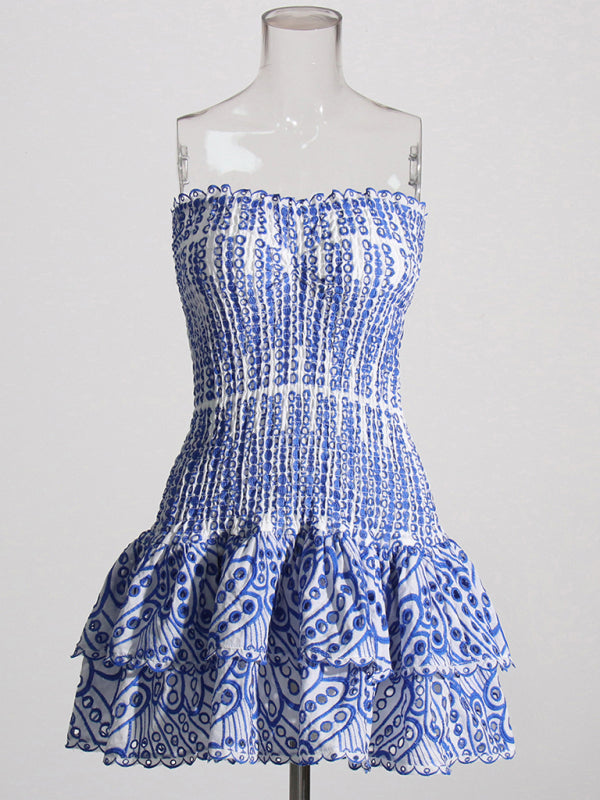 Strapless Slim Ruffle Hem Embroidered Short Dress - ALL HERZ FASHIONS