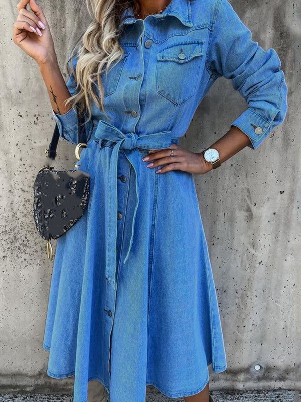 Denim Casual High Waist Pocket Lapel Dress - ALL HERZ FASHIONS