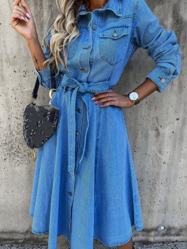 Denim Casual High Waist Pocket Lapel Dress - ALL HERZ FASHIONS