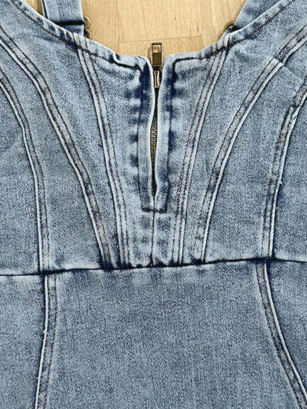 Short-sleeved U-neck suspenders distressed casual denim dress - ALL HERZ FASHIONS