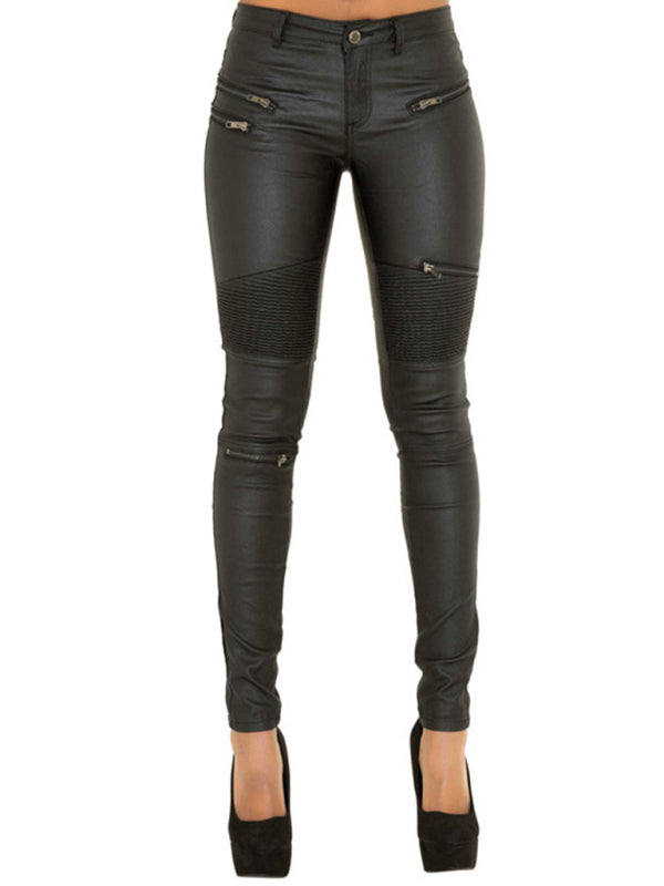 PU Skinny Multi-zip Motorcycle Pants