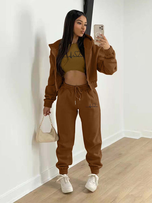 Velvet Hooded Sweatshirt Letter Print & Sweatpants Set