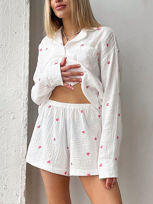 Long-Sleeved Heart Top & Shorts Casual Set