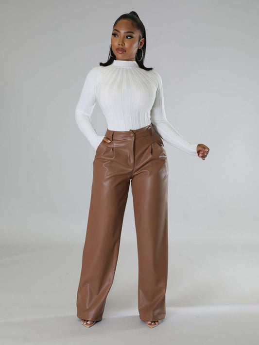 PU Leather Loose Wide-leg Pocket Pants