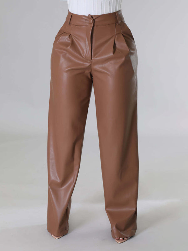 PU Leather Loose Wide-leg Pocket Pants