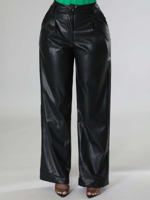 PU Leather Loose Wide-leg Pocket Pants