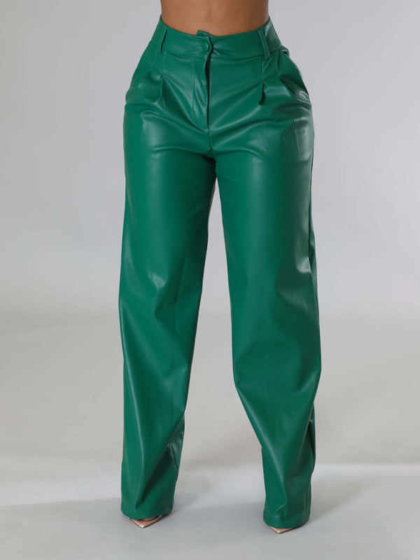 PU Leather Loose Wide-leg Pocket Pants